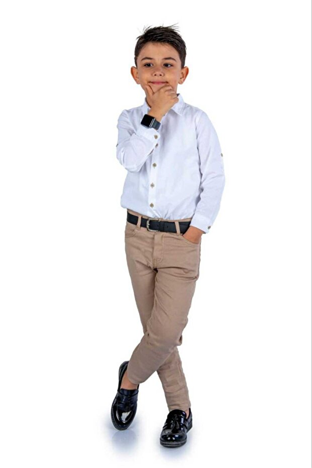 Boys Cotton Long Sleeve Shirt Chino Pants Belt 3 Piece Set