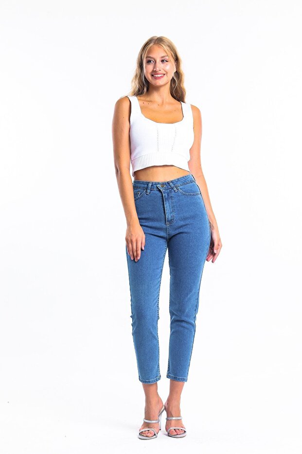 Plain Blue High Waist Lycra Mom Jean