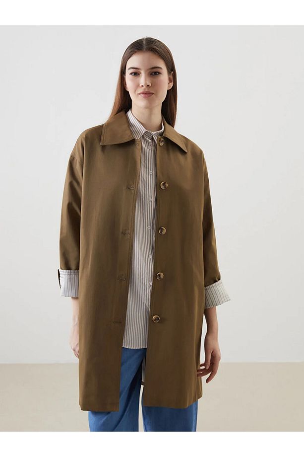 LCW Modest Haki Gömlek Yaka Oversize Kadın Trençkot - 2