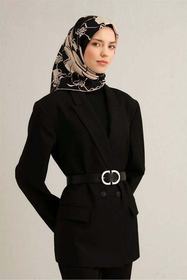 Siyah Ekru Çiçek Desen Saf İpek Tivil Dokuma Eşarp-E25YA9344D02-39-KVS0654 - 4