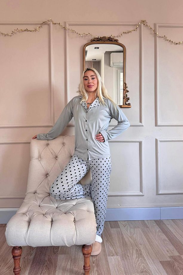 Gri Points Desenli Bambu Önden Düğmeli Uzun Kol Kadın Pijama Takımı - 6