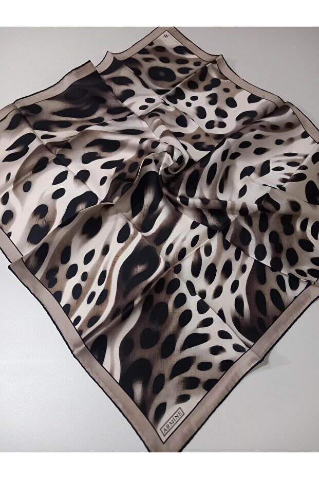 Siyah Kahve Leopar Desen Saf İpek Tivil Dokuma Eşarp-E25YA9320D02-04-KVS0675 - 4