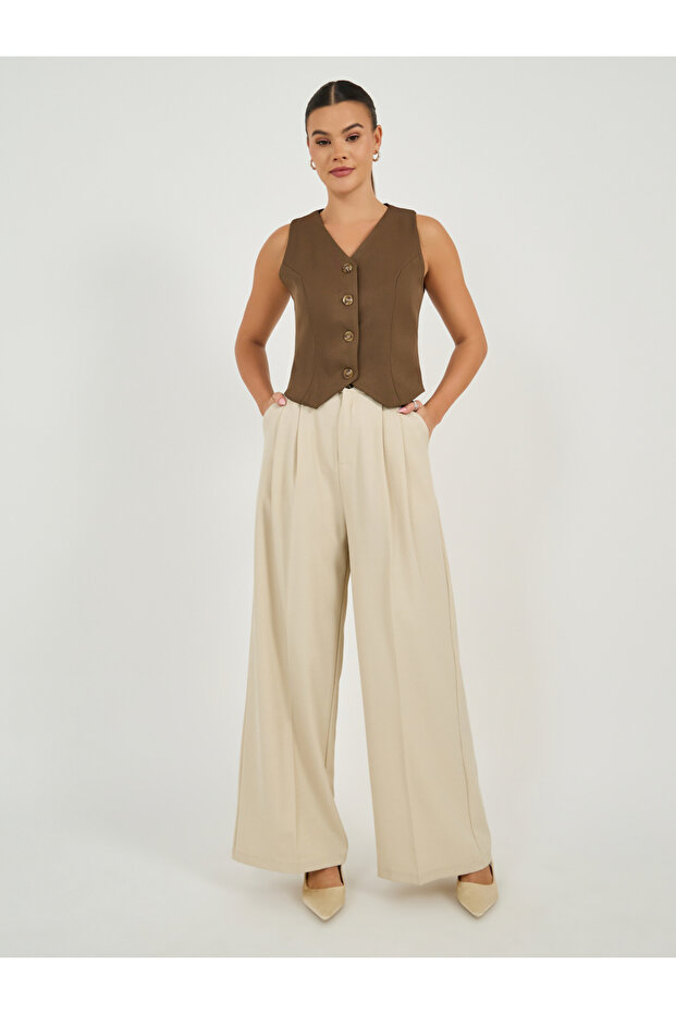 High Rise Pleat Front Detail Wide Leg Pants