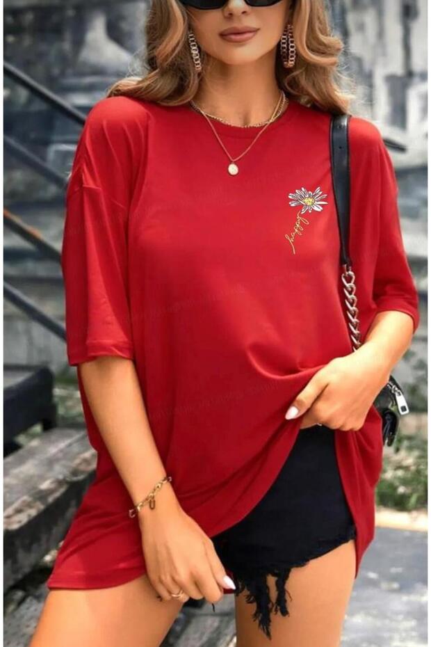 Oversize Red Relaxed Fit Daisy Printed T-Shirt