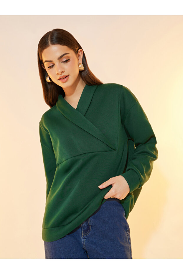 Solid Lapel Long Sleeve Sweatshirt - 1