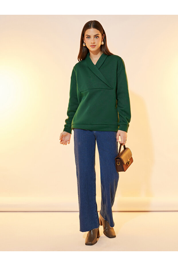 Solid Lapel Long Sleeve Sweatshirt - 2