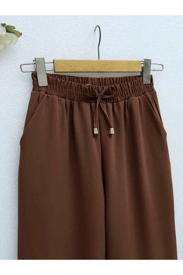 Çift Cepli Beli Lastikli Bağcık Detaylı Pantolon -Toprak - 2