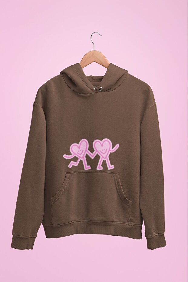 Unisex Long Sleeve 2 Thread Pocket to Hand Hearts Transfer Printed Hooded Sweatshirt