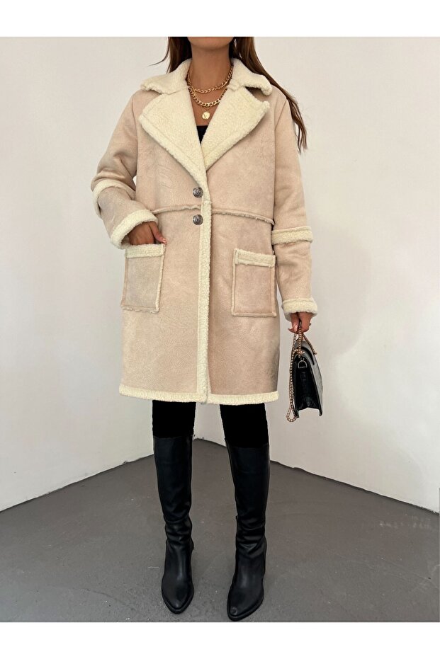 Single Buttoned Fur Lined Suede Coat - 1