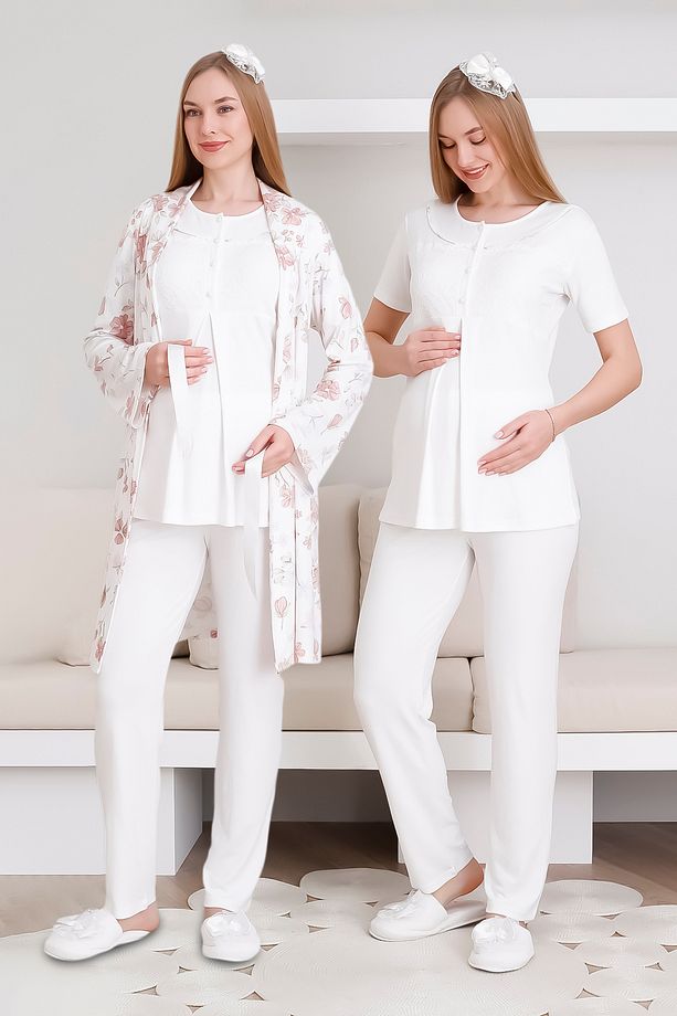 Pijama ve Sabahlık Takımı / 3'lü Lohusa & Hamile Takımı / Kısa Kollu, Önü Düğmeli Pijama - 1