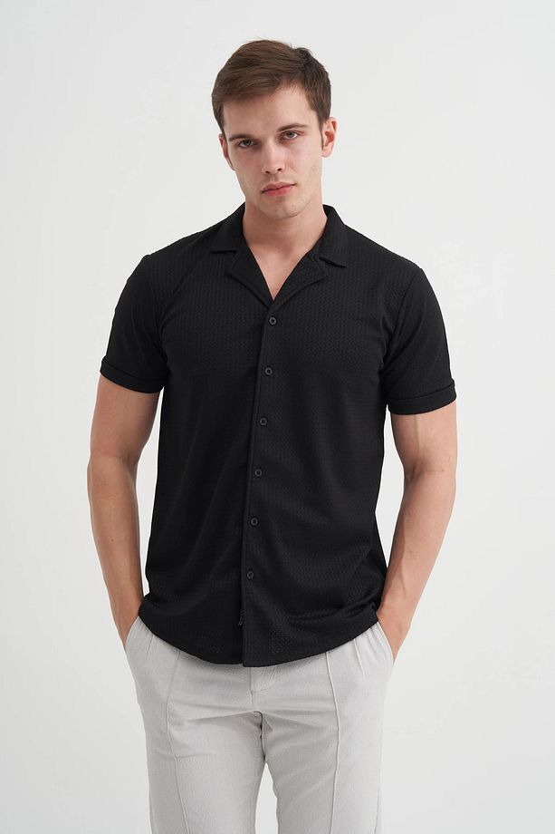 Regular Fit Örme Zigzag Dokulu Kısa Kol Gömlek - 2