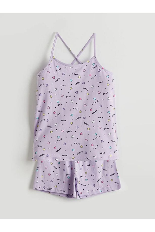 LCW Kids Lila Kare Yaka Kız Çocuk Şortlu Pijama Takımı - 1