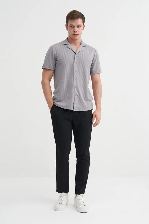 Regular Fit Örme Zigzag Dokulu Kısa Kol Gömlek - 3