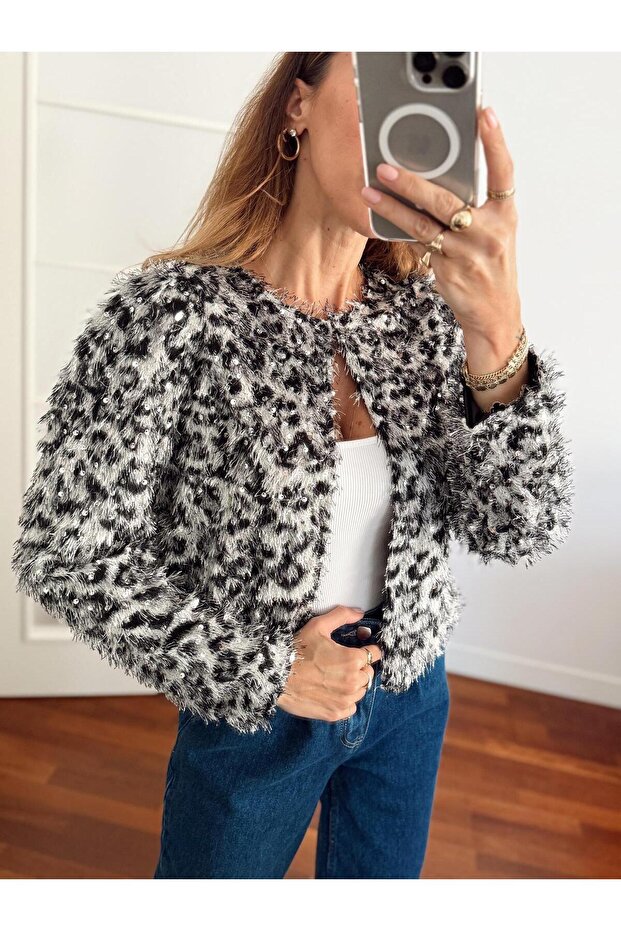 Kadın Leopar Tüylü Pul Silver Ceket - 5