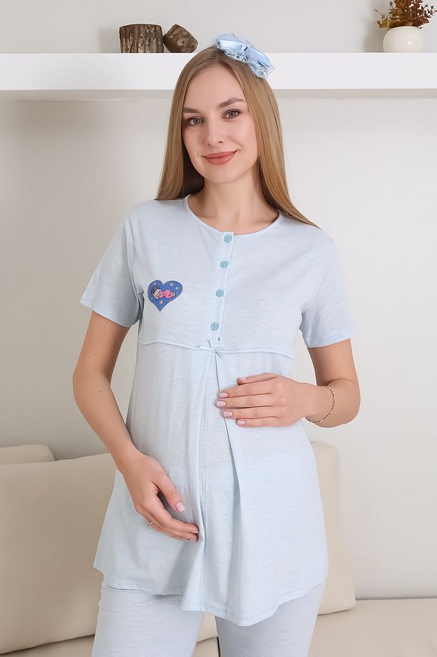 Hamile Pijama Takımı Melanj Kumaş Önü Düğmeli Nakışlı - Desenli Emzirme İçin Uygun 3'lü - 2