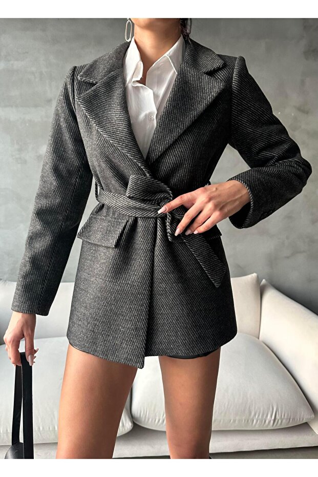 Women's Double-Breasted Collar Belted Melton Fabric Anthracite Coat Jacket