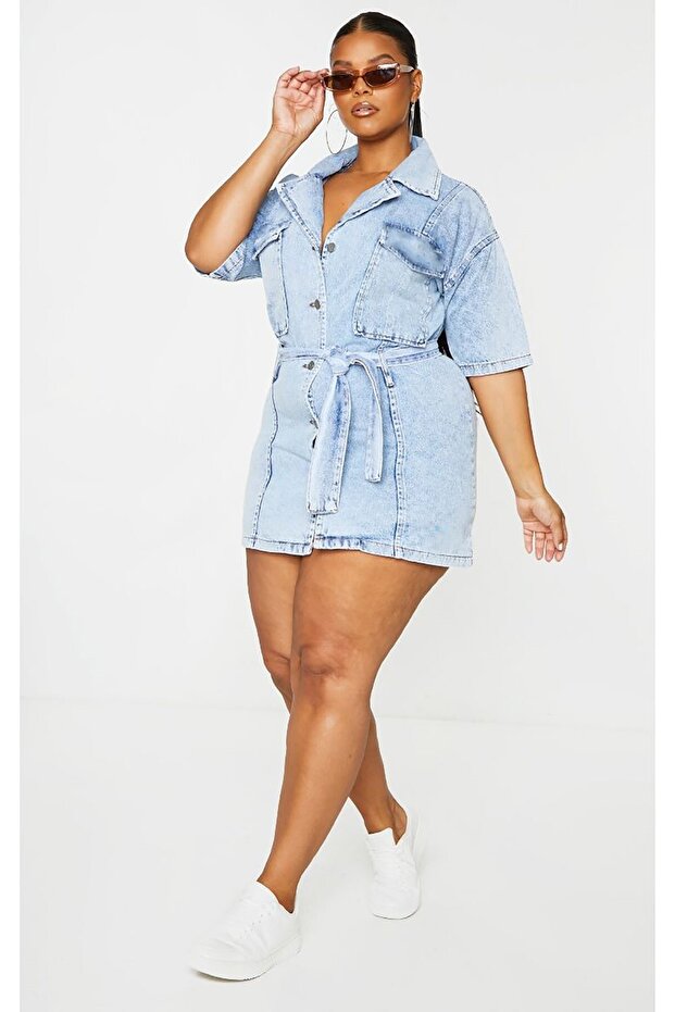Women's Plus Size Ice Blue, Washed Double Pocket, Short Sleeve, Denim Dress 65N38803