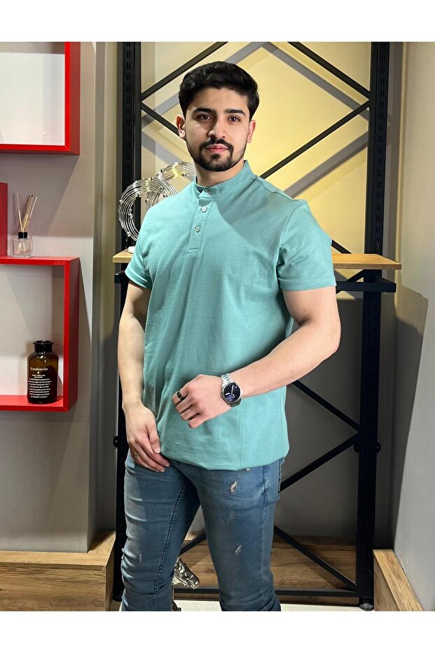 Hakim Yaka Düğmeli Mint Yeşili Basic Tshirt - 5
