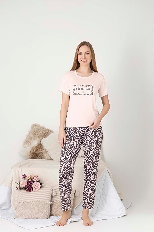 Gloria Zebra Patterned Printed Women Short Sleeve Pajama Set