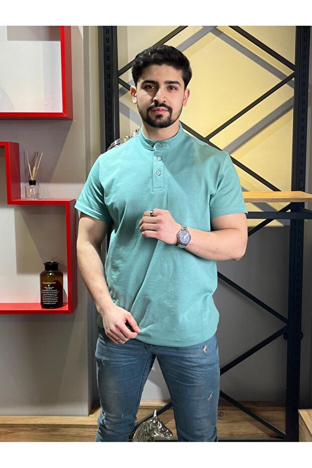 Hakim Yaka Düğmeli Mint Yeşili Basic Tshirt - 2