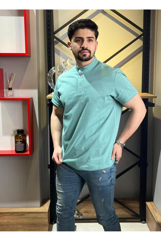 Hakim Yaka Düğmeli Mint Yeşili Basic Tshirt - 1