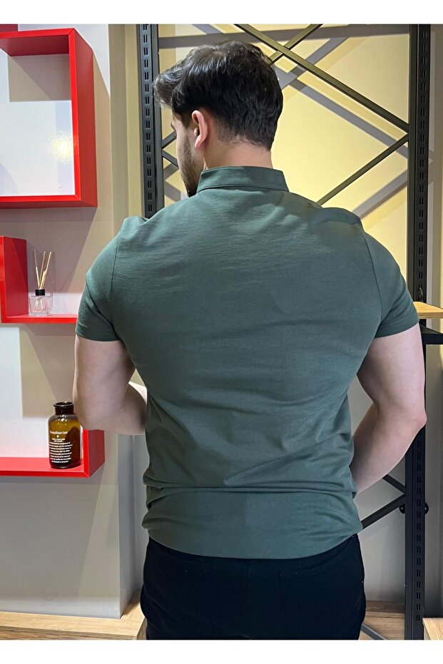 Hakim Yaka Düğmeli Haki Basic Tshirt - 6