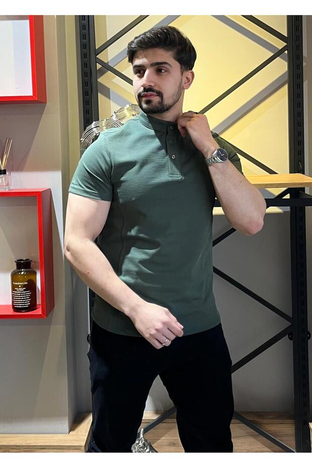 Hakim Yaka Düğmeli Haki Basic Tshirt - 4