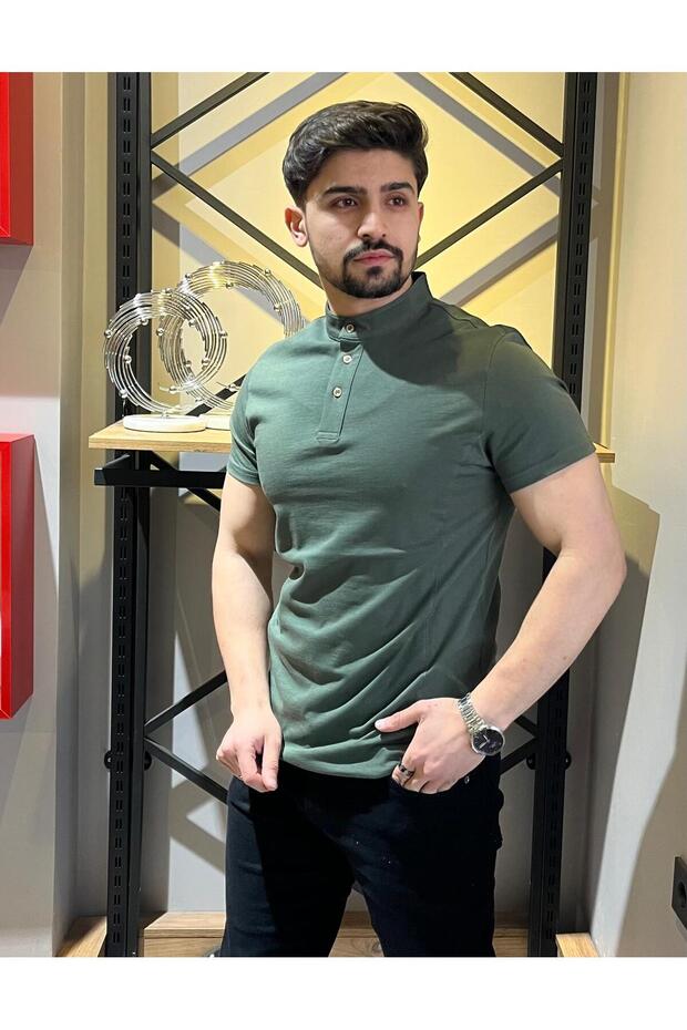 Hakim Yaka Düğmeli Haki Basic Tshirt - 3