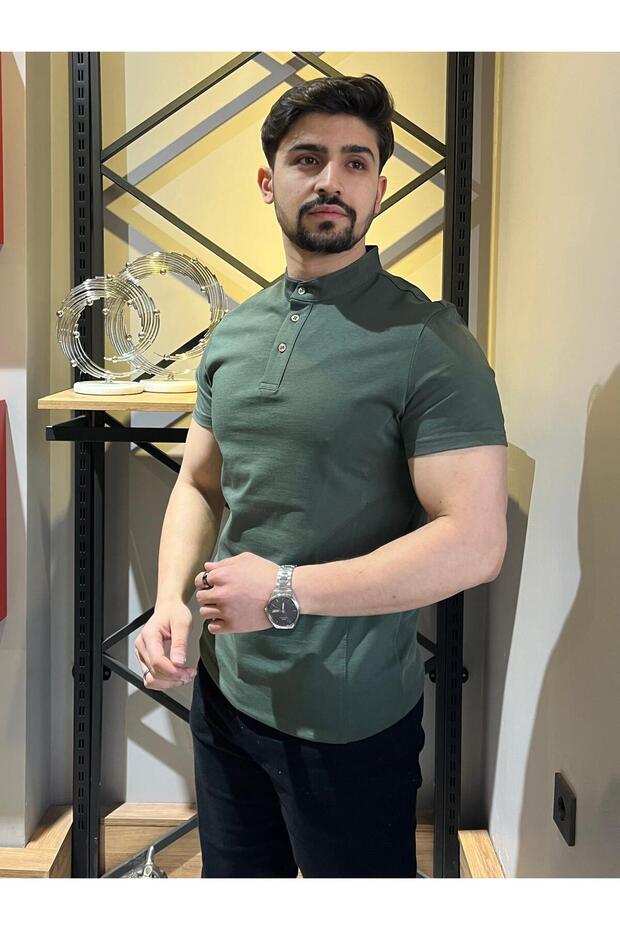 Hakim Yaka Düğmeli Haki Basic Tshirt - 5