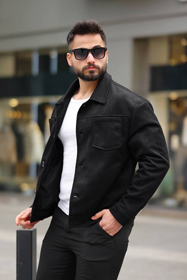 سترة من جلد الغزال نصف كبيرة الحجم مع جيوب بأزرار - 3