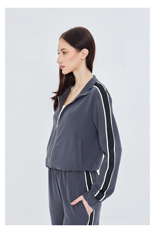 Fermuarlı Şeritli Dalgıç Sweatshirt - 2