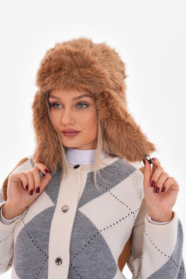 Mango Tüylü Peluş Camel Klipsli Pilot Şapka Bere 4652 - 2