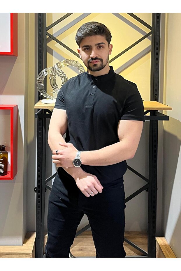 Hakim Yaka Düğmeli Siyah Basic T-Shirt - 5