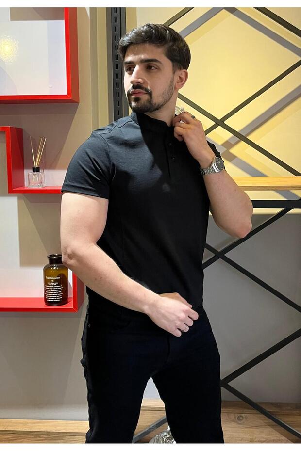 Hakim Yaka Düğmeli Siyah Basic T-Shirt - 3