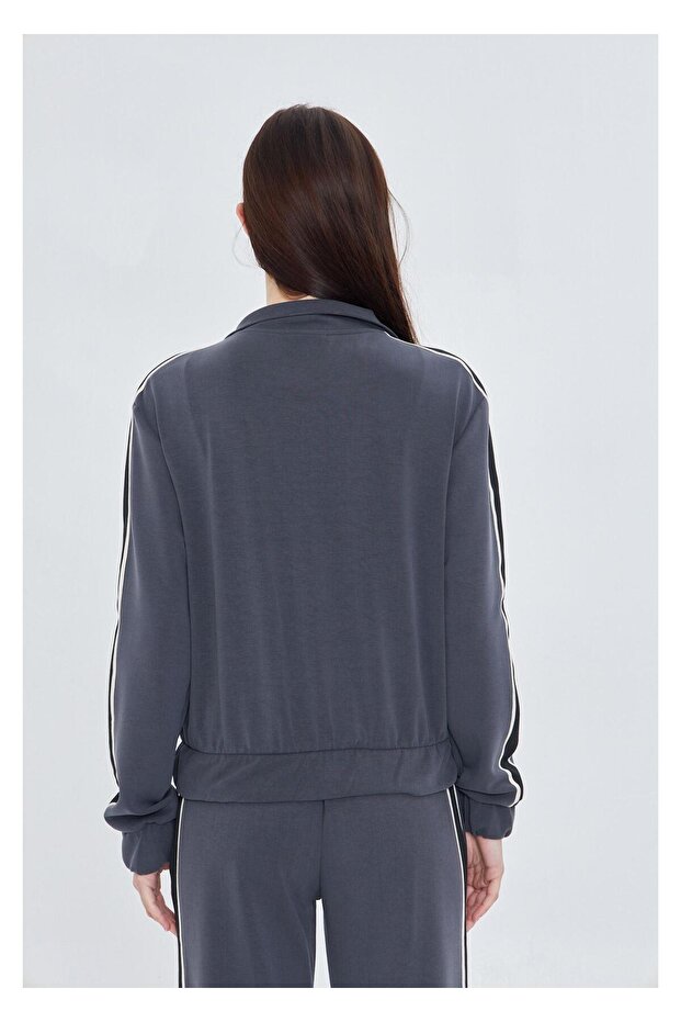 Fermuarlı Şeritli Dalgıç Sweatshirt - 3