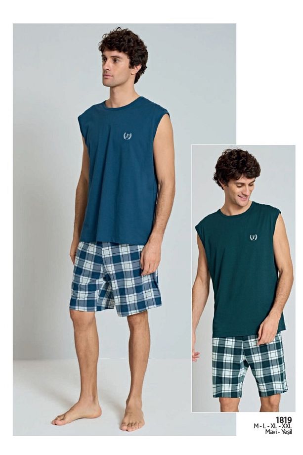 Erkek Kolsuz Şortlu Pijama Takımı Mavi - 1