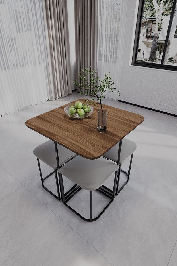 Rüzgar Dekoratif Oval Tabureli Yemek Masası Ceviz - 1