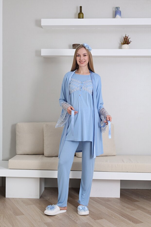 Laced Sleeves, Dressing Gown, Breastfeeding Detailed Short Sleeve Maternity-Pregnant Pajama Set, Set of 3