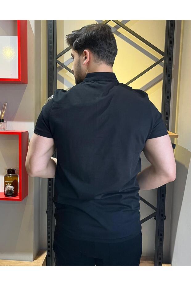 Hakim Yaka Düğmeli Siyah Basic T-Shirt - 6