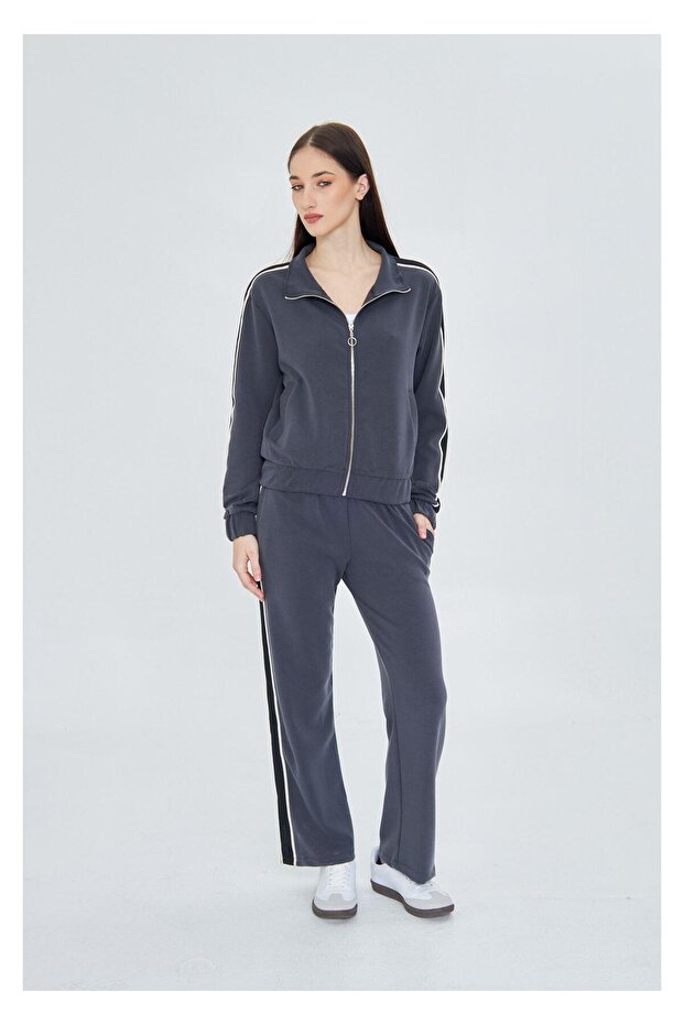 Fermuarlı Şeritli Dalgıç Sweatshirt - 5