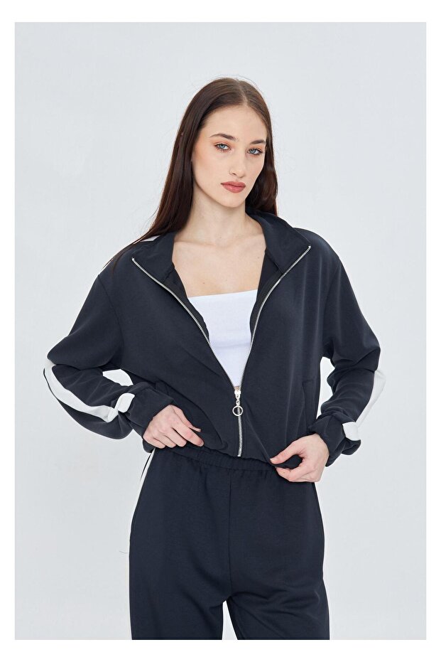 Şeritli Fermuarlı Scuba Dalgıç Sweatshirt - 5