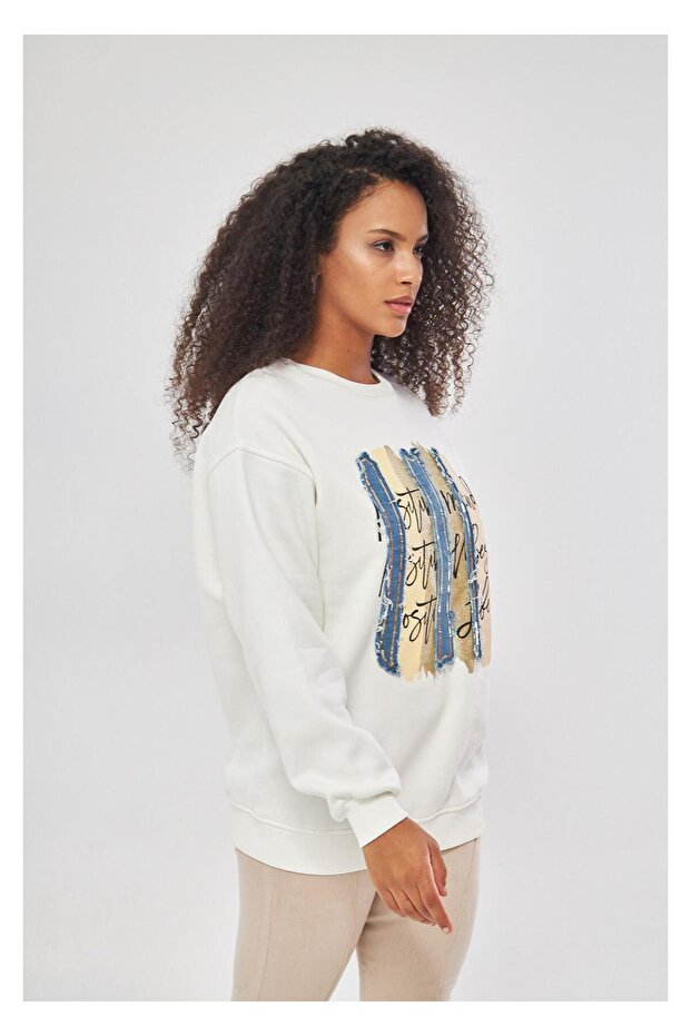 Jean Nakışlı Pullu Sweatshirt - 4