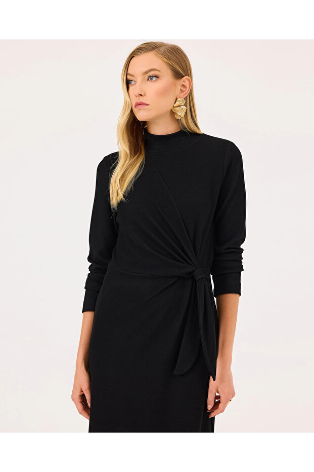 Dik Yaka Belden Bağlamalı Elbise - 4