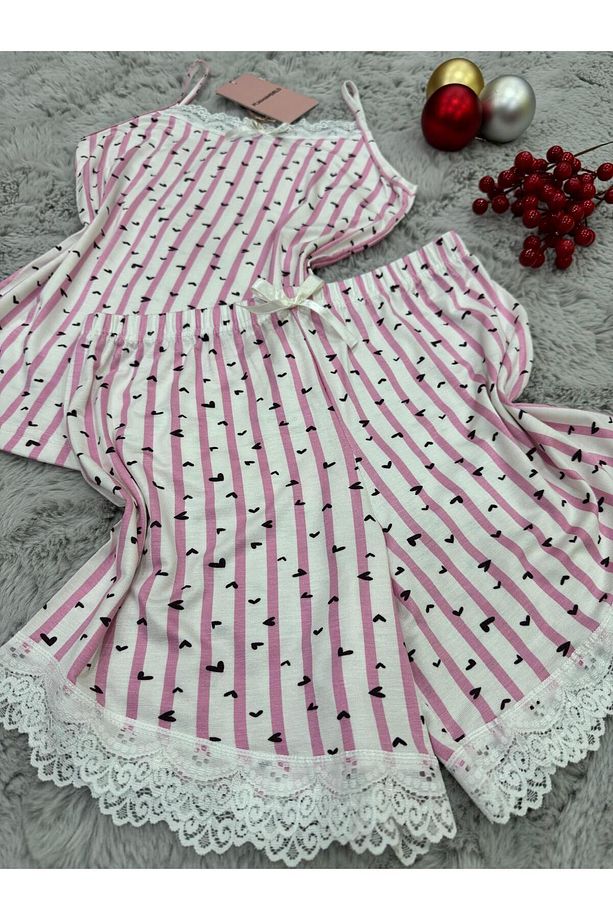 İP ASKILI ŞORTLU VİSKON YUMUŞAK  KUMAŞLI PİJAMA TAKIMI - 7