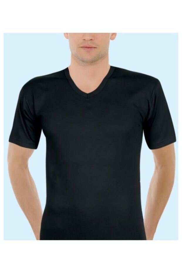 3 Pack (3 Pieces) V-Neck Black Color Ribana 100% Cotton Short Sleeve Men's Undershirt - Undershirt