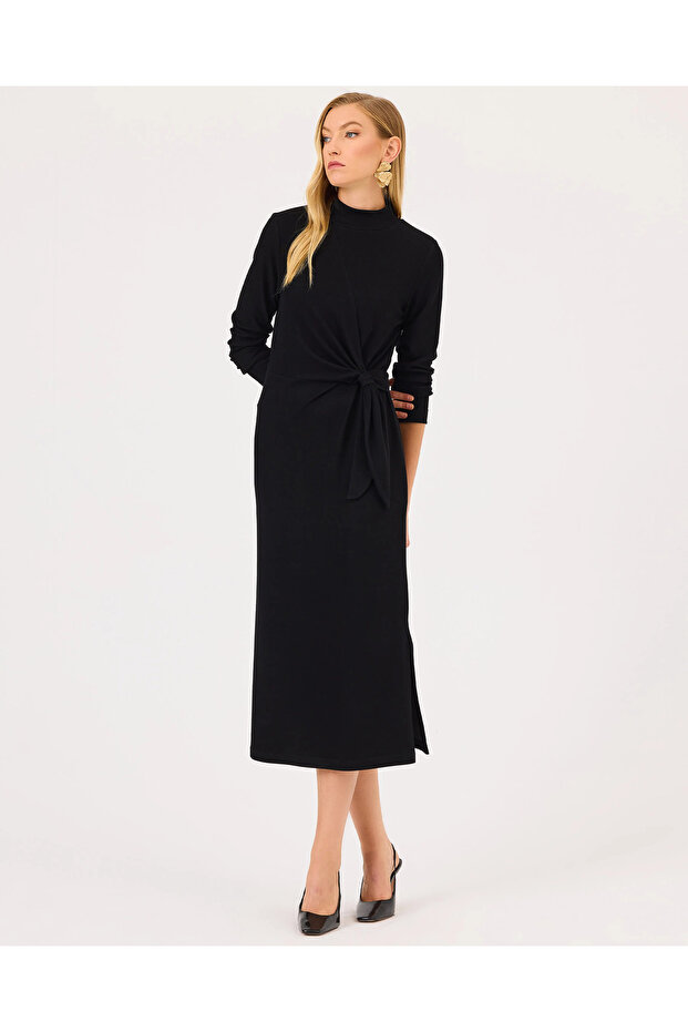 Dik Yaka Belden Bağlamalı Elbise - 5
