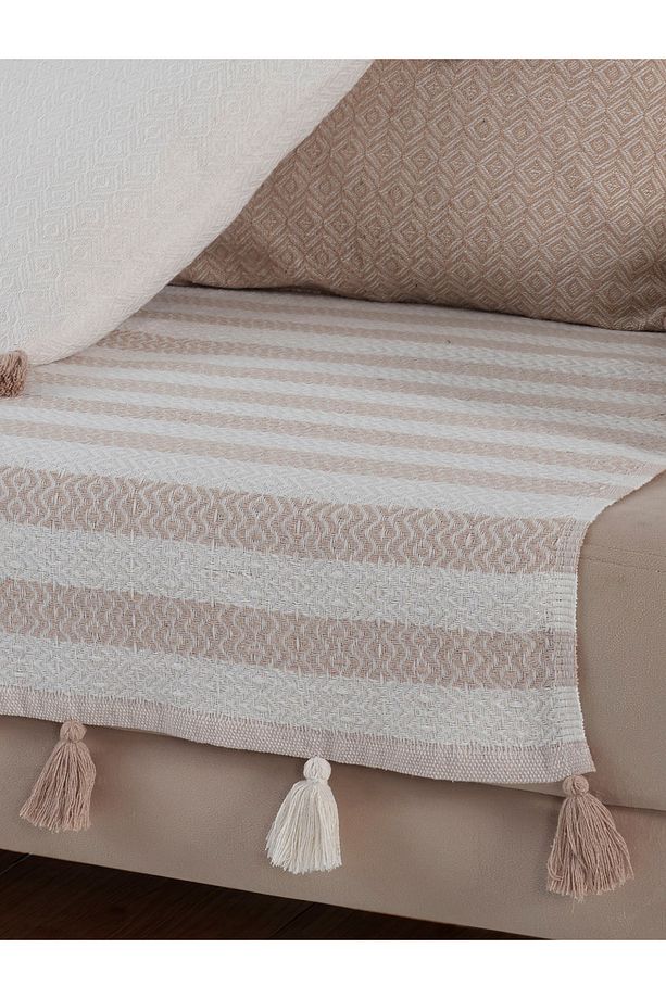 Liva Ponponlu Bej 2 Adet Koltuk Örtüsü 115x200 Cm Kanepe Divan Çekyat Berjer Örtüsü Püsküllü - 4