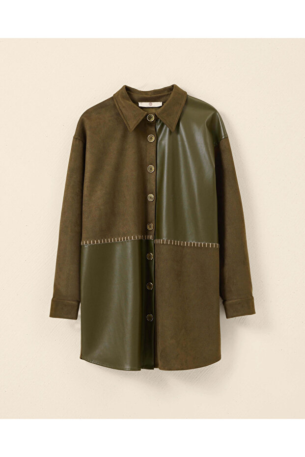 Çift Kumaşlı Düğmeli Gömlek - 5