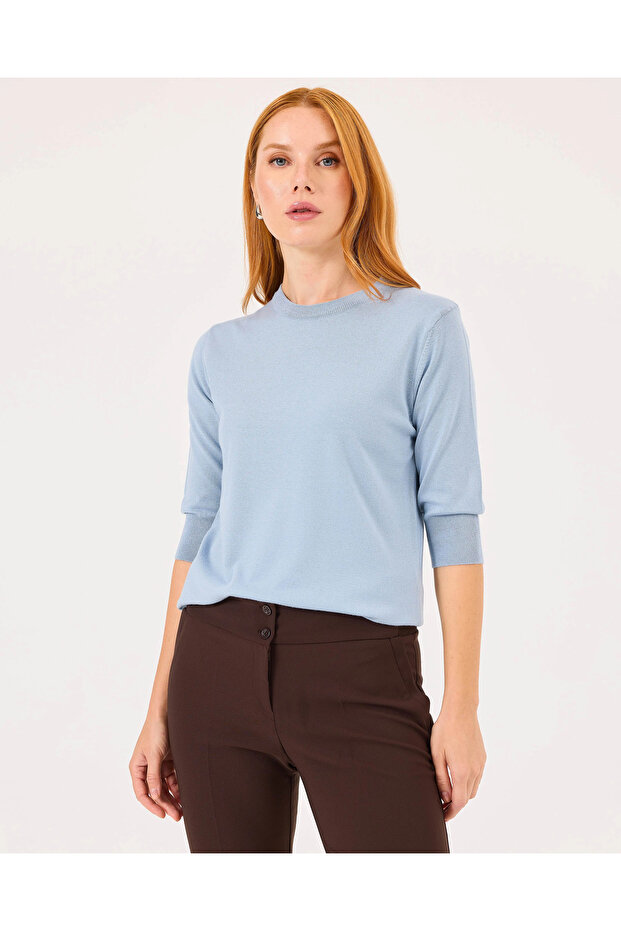 Sıfır Yaka Bel Boy Triko Bluz - 1