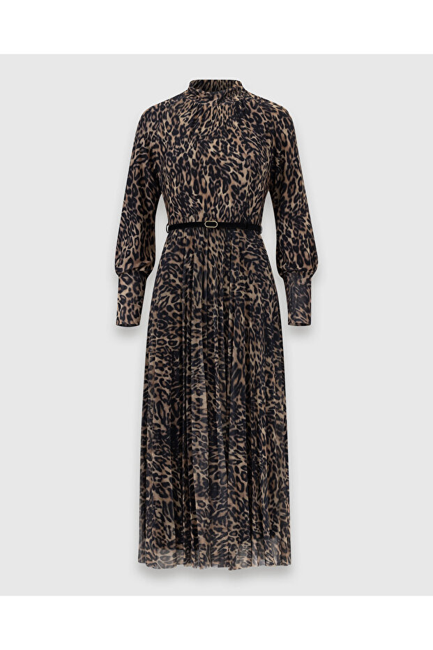 Dik Yaka Kemerli Midi Boy Elbise - 6